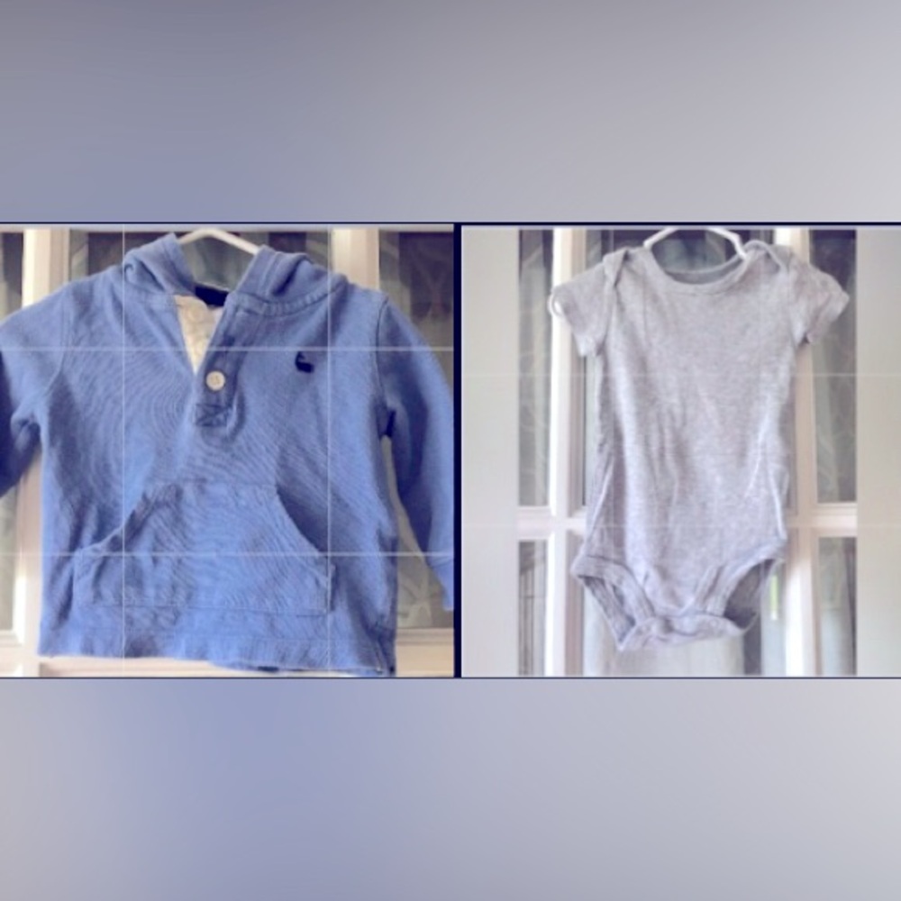 2-pack Carter’s gray cotton onesie and lightweight blue and navy hoodie shirt